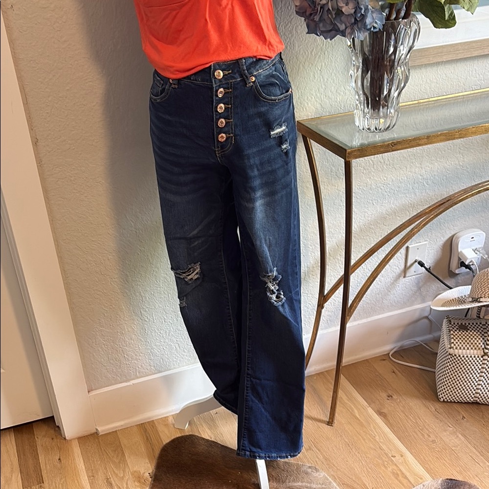 Distressed five button fly blue jeans. Flare Wide Leg Jeans size small